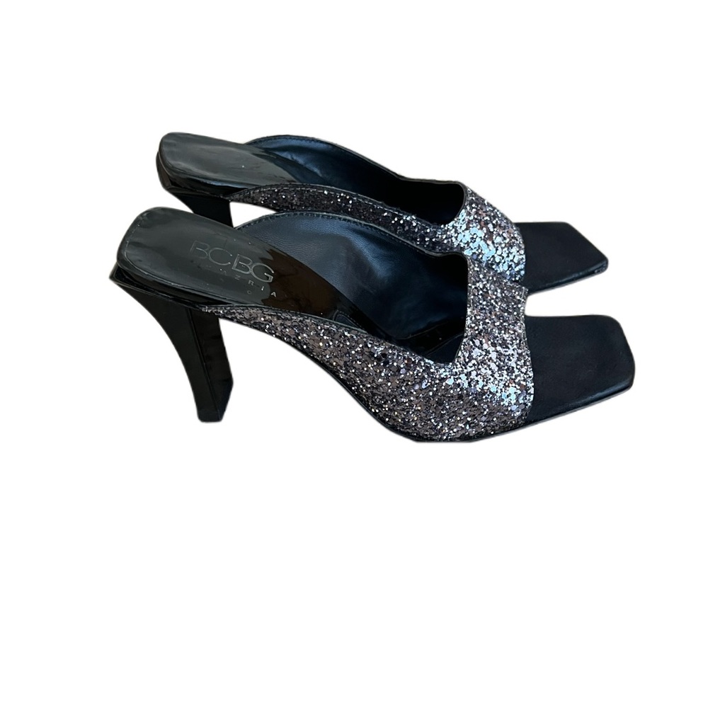 BCBG Maxazria Sparkly Silver and Black Square Toe Slide On Heels Size 7 1/2